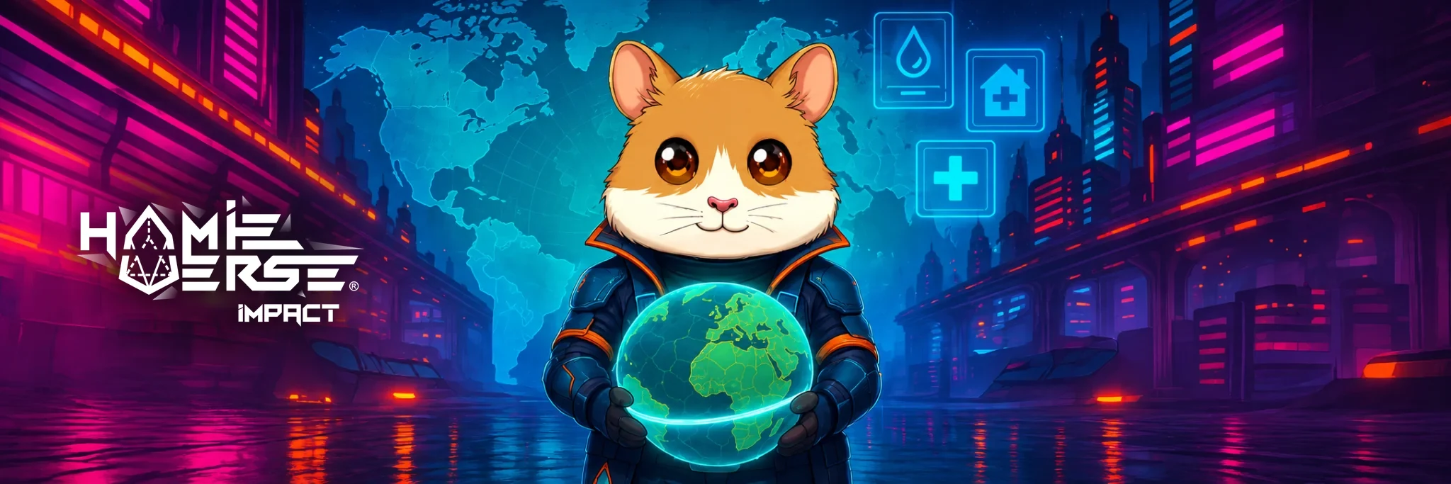 Hamie holding the Earth, with the Hamieverse Impact Programme logo